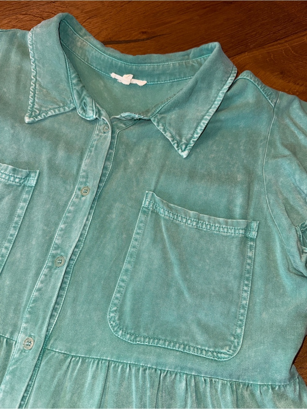 JODIFL Faded Wash Green Button-Down Tiered Mini Dress MEDIUM - Picture 3 of 6